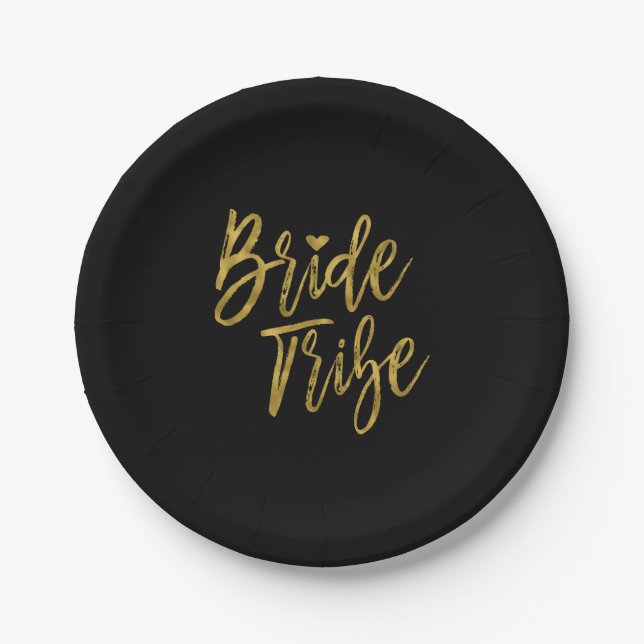 Bride Tribe Faux Gold Foil and Black with Heart Paper Plates (Front)