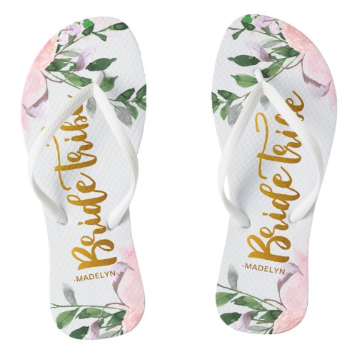 Bride Tribe Faux Gold with Floral and Name Flip Flops