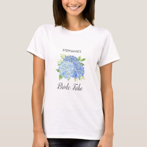 Bride Tribe Floral Blue Hydrangea Foliage Wedding T_Shirt