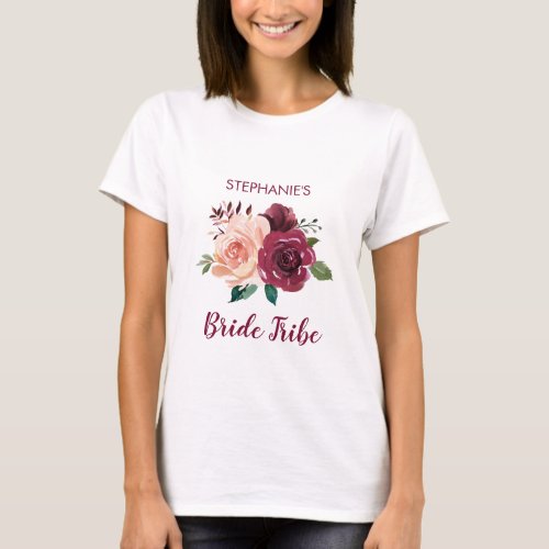 Bride Tribe Floral Blush Pink Burgundy Rose T_Shirt