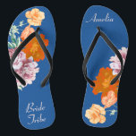 Bride Tribe Floral Something Blue Wedding Flip Flops<br><div class="desc">This desirable pair of flip flops features retro aesthetic pattern of beautiful peony flowers on the blue background, and changeable typography "Bride Tribe". These personalized and elegant flip flops are a memorable gift for wedding party members: bride, bridesmaids, mother of the bride, maid of honor... They will add a stylish dose of glam...</div>