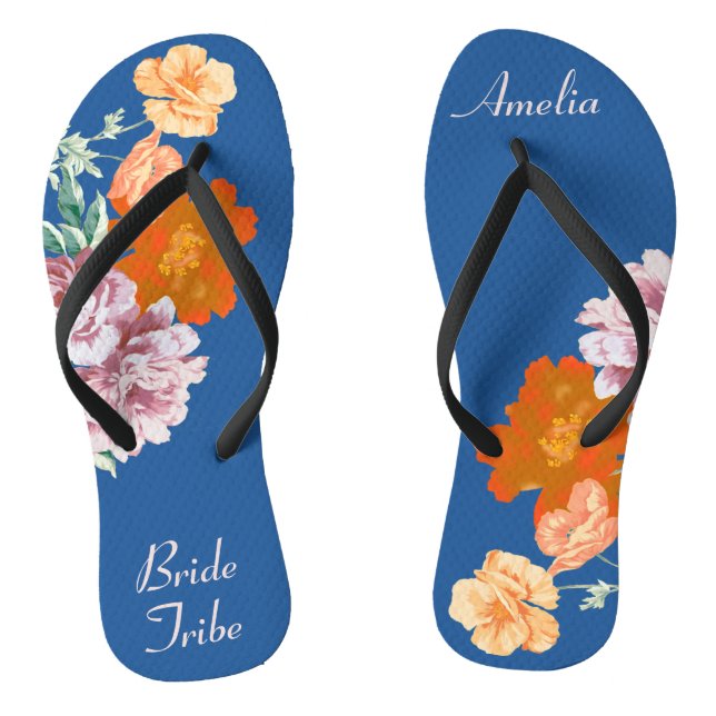 Bride Tribe Floral Something Blue Wedding Flip Flops (Footbed)
