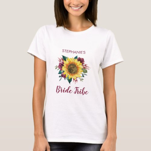 Bride Tribe Floral Sunflower Burgundy Rose Wedding T_Shirt