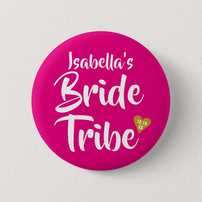 Bride Tribe Gold Date Heart Girly Pink Button (Front)