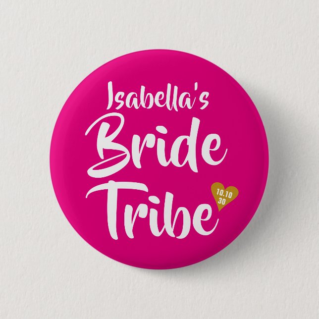 Bride Tribe Gold Date Heart Personalised Button (Front)