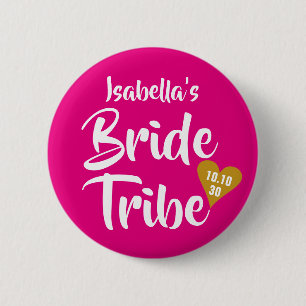 Bride Tribe Gold Date Heart Personalised Button