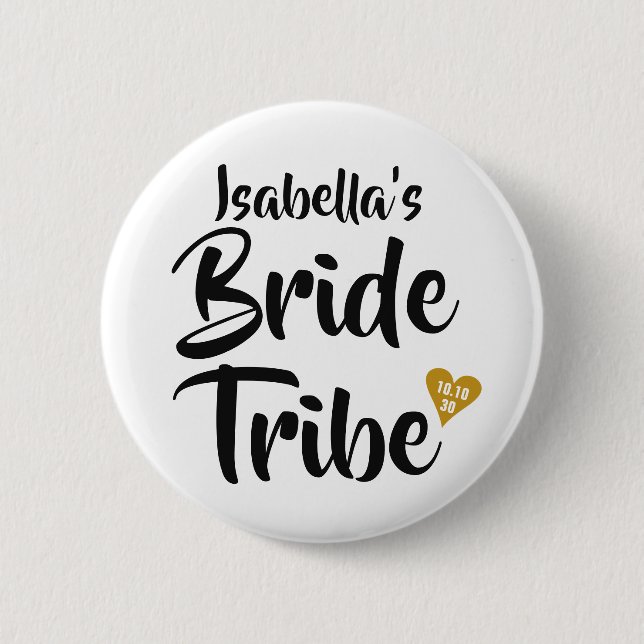 Bride Tribe Gold Date Heart Personalised Button (Front)