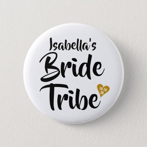 Bride Tribe Gold Date Heart Personalised Button