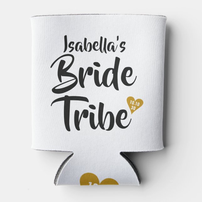 Bride Tribe Gold Date Heart Personalised Can Cooler (Front)