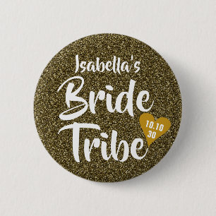Bride Tribe Gold Date Heart Personalised Glitter Button