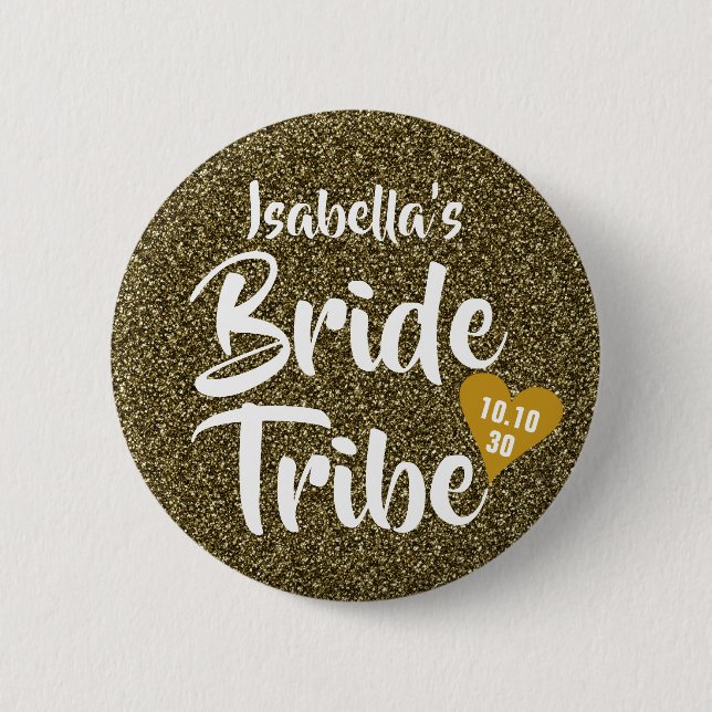 Bride Tribe Gold Date Heart Personalised Glitter Button (Front)