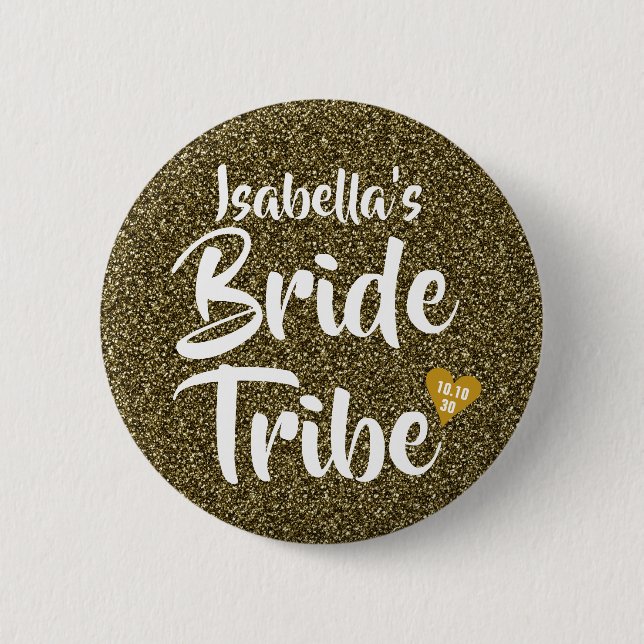 Bride Tribe Gold Date Heart Personalised Glitter Button (Front)