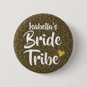 Bride Tribe Gold Date Heart Personalised Glitter Button