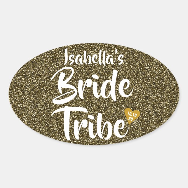 Bride Tribe Gold Date Heart Personalised Glitter Oval Sticker (Front)
