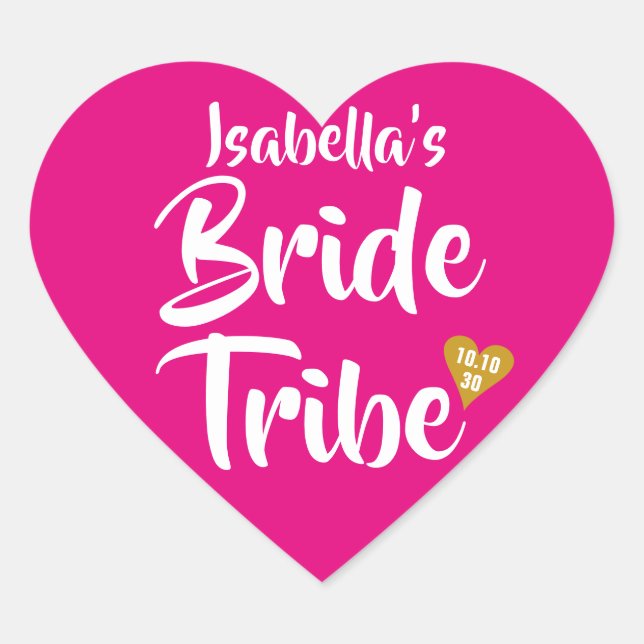 Bride Tribe Gold Date Heart Personalised Heart Sticker (Front)