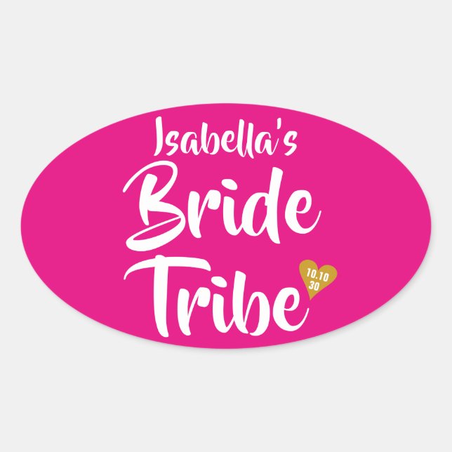 Bride Tribe Gold Date Heart Personalised Oval Sticker (Front)
