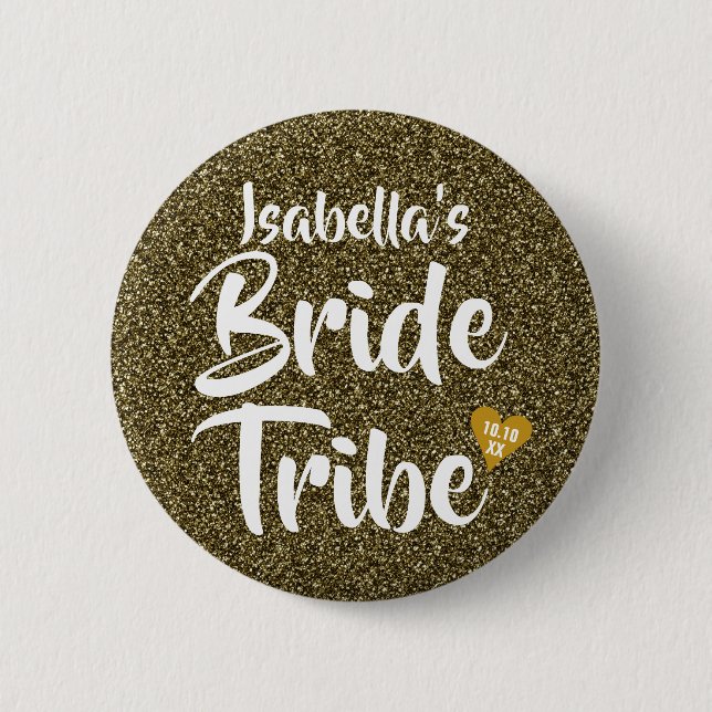 Bride Tribe Gold Date Heart Personalized Glitter Button (Front)