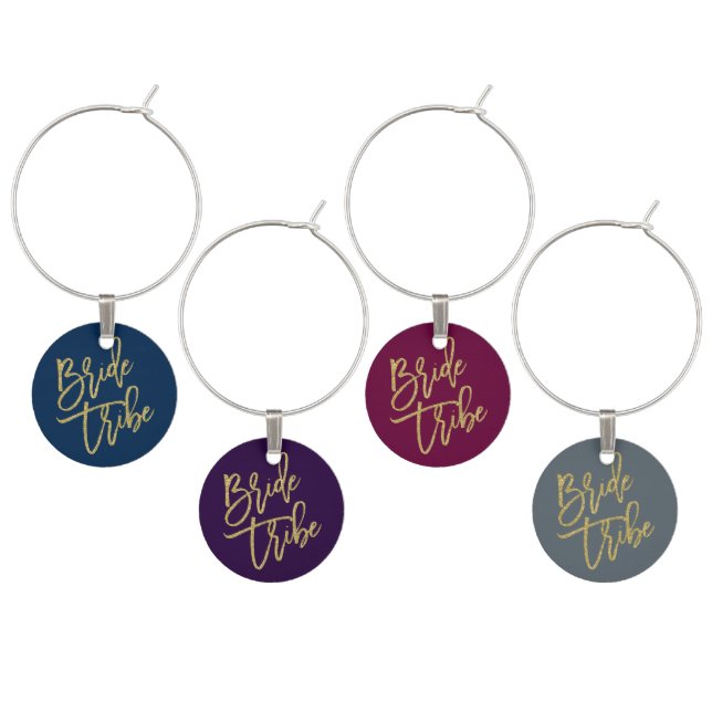 Bride Tribe Gold Glitter Script Wine Glass Charm (Staggered)