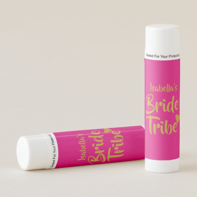 Bride Tribe Gold Script Love Heart Pink Lip Balm (Front)