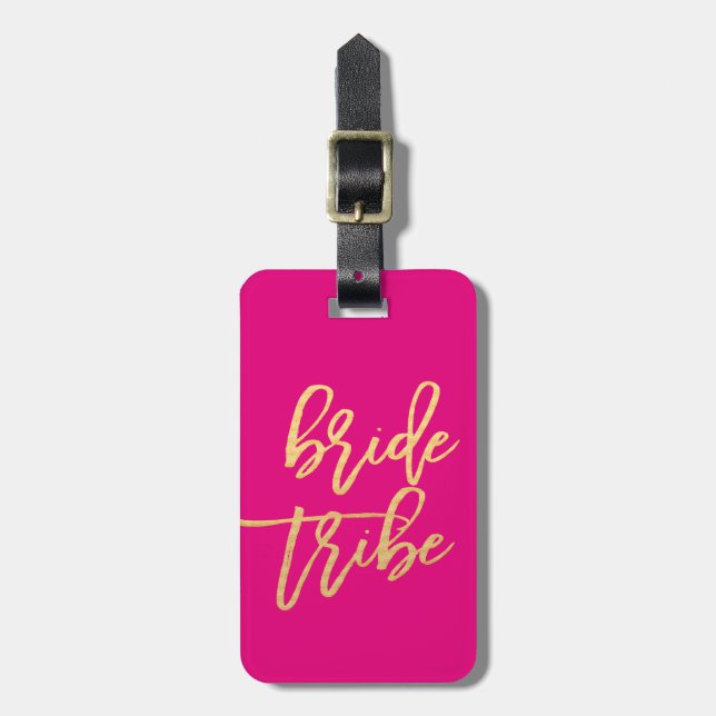 Bride Tribe Hot Pink and Gold Travel Luggage Tag (Front Vertical)