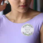 Bride tribe lavender violet eucalyptus greenery button<br><div class="desc">For a bridal shower or a bachelorette party. A chic white background. Decorated with lavender,  violet florals flowers and watercolored eucalyptus greenery. Personalize and add the name of the bride.</div>
