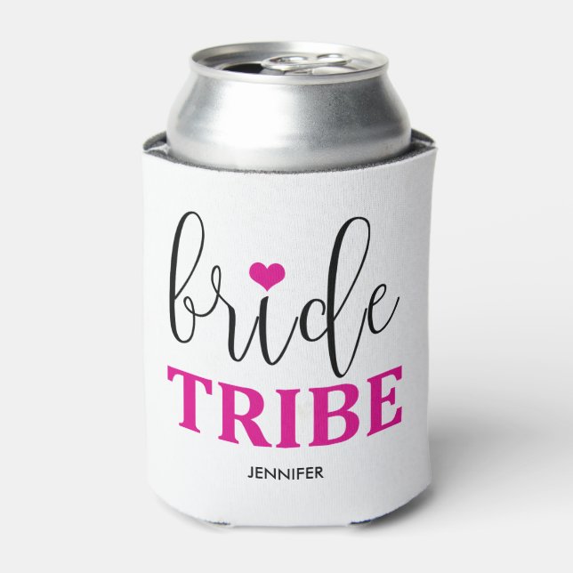Bride Tribe Magenta Heart Cute Bridesmaid Can Cooler (Can Front)