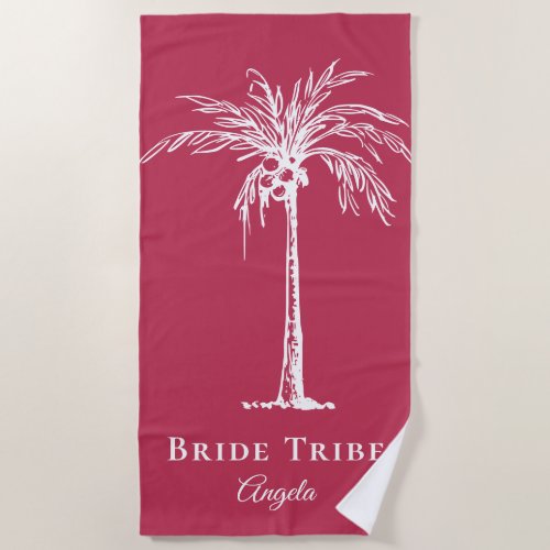 Bride Tribe Magenta White Palm Tree Custom Beach Towel