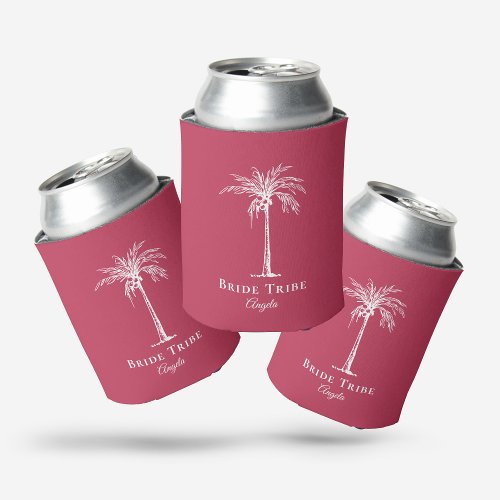 Bride Tribe Modern Magenta White Palm Tree Custom Can Cooler