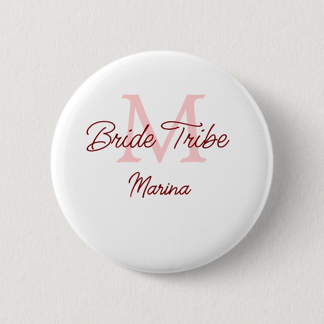Bride tribe monogram red bridal shower simple mini button (Front)