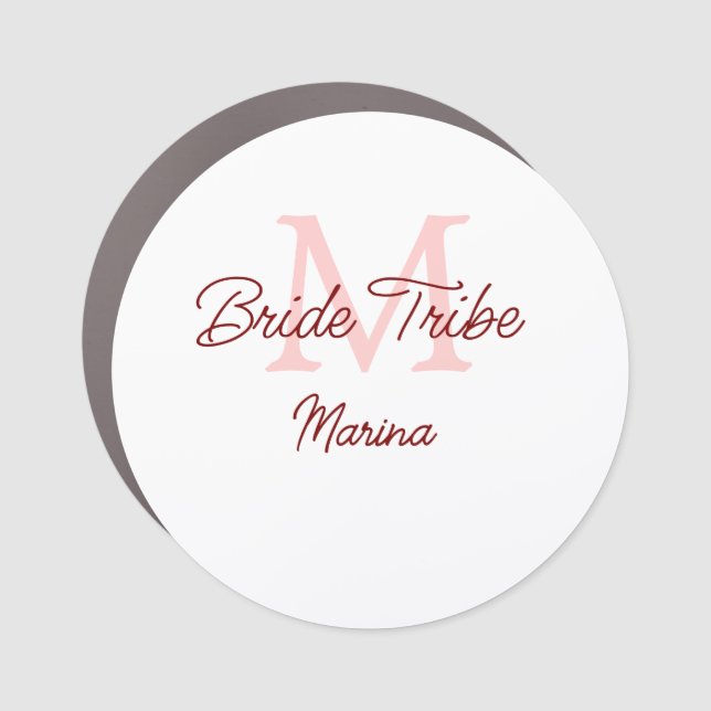 Bride tribe monogram red bridal shower simple mini car magnet (Front)