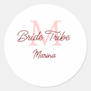 Bride tribe monogram red bridal shower simple mini classic round sticker