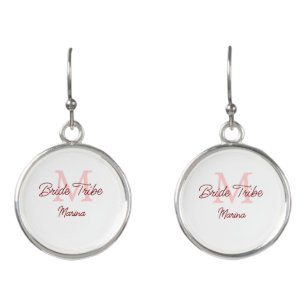 Bride tribe monogram red bridal shower simple mini earrings