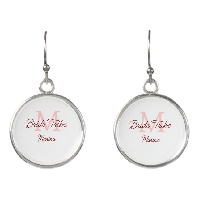 Bride tribe monogram red bridal shower simple mini earrings (Front)