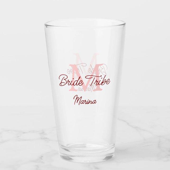 Bride tribe monogram red bridal shower simple mini glass (Front)