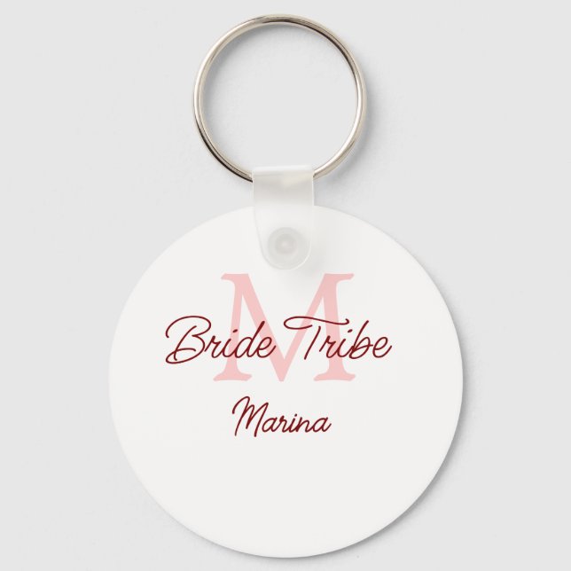 Bride tribe monogram red bridal shower simple mini keychain (Front)