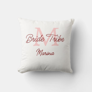 Bride tribe monogram red bridal shower simple mini throw pillow