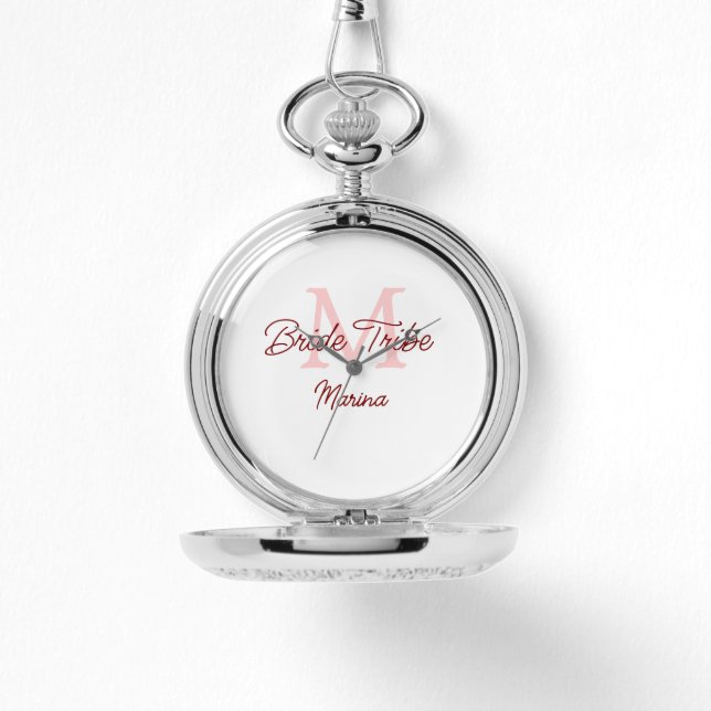 Bride tribe monogram red bridal shower simple mini watch (Front)