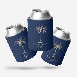 Bride Tribe Navy Blue Gold Palm Tree Custom Can Cooler