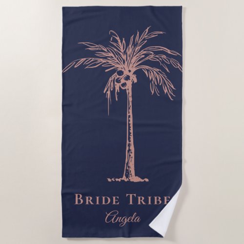 Bride Tribe Navy Blue Rose Gold Palm Tree Custom Beach Towel