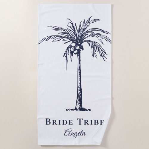 Bride Tribe Navy Blue Tropical Palm Tree Custom Beach Towel