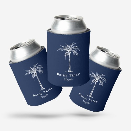 Bride Tribe Navy Blue White Palm Tree Can Cooler