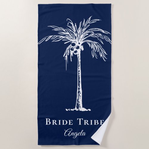 Bride Tribe Navy Blue White Palm Tree Custom Beach Towel