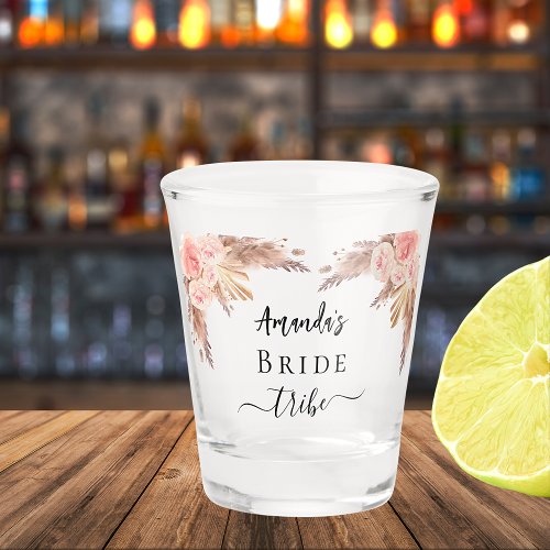 Bride tribe pampas grass blush pink flowers shot glass