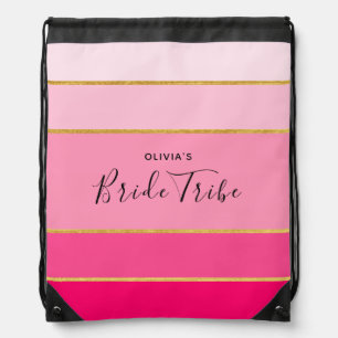 Bride Tribe Personalized Pink & Gold striped Drawstring Bag