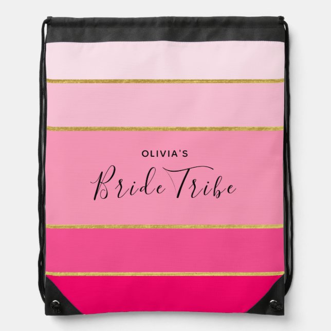 Bride Tribe Personalized Pink & Gold striped Drawstring Bag (Front)