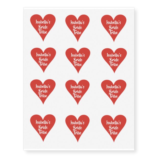 Bride Tribe Red Heart Name Bridal Shower Temporary Tattoos (Front)