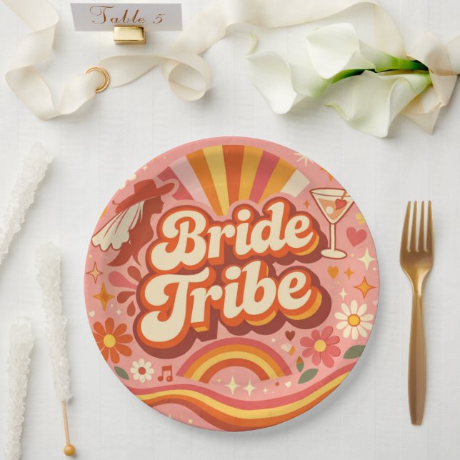 Bride Tribe Retro Bachelorette Party Groovy Paper Plates (Wedding)