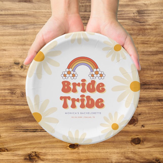 Bride Tribe Retro Groovy Daisy 70s Bachelorette Paper Plates (Creator Uploaded)