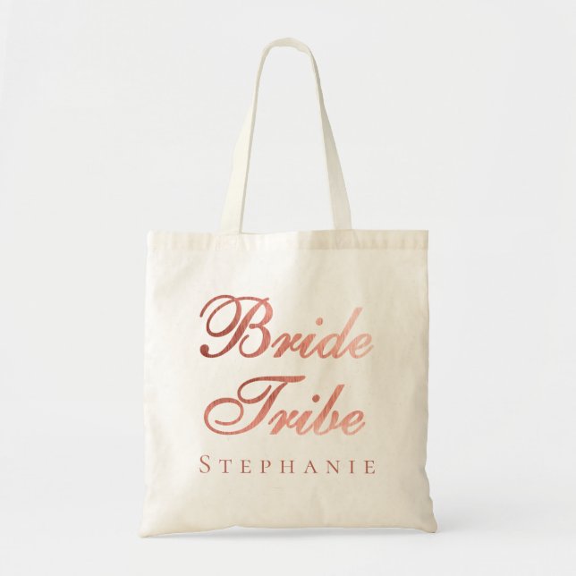 Bride Tribe Rose Gold Calligraphy Bridesmaid Name Tote Bag (Front)