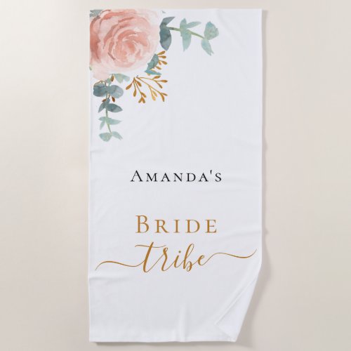 Bride tribe rose gold floral eucalyptus greenery beach towel